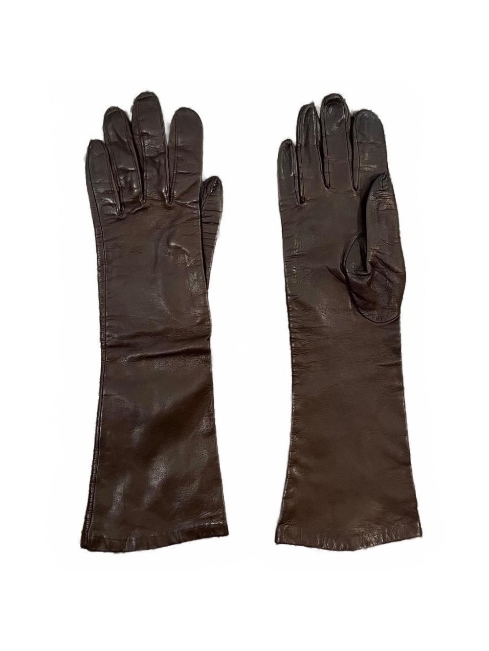 Vintage 1960’s Brown Leather Silk Lined Mid-length Gloves Size 7 Retro Winter